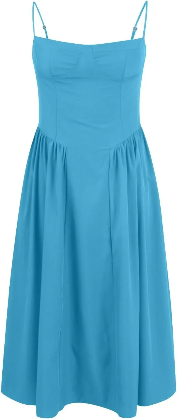 Womens Corset Dress Elegant Spaghetti Strap Bustier Midi Dresses Flowy Pleated Hem Low Cut Prom Skirts with Pockets