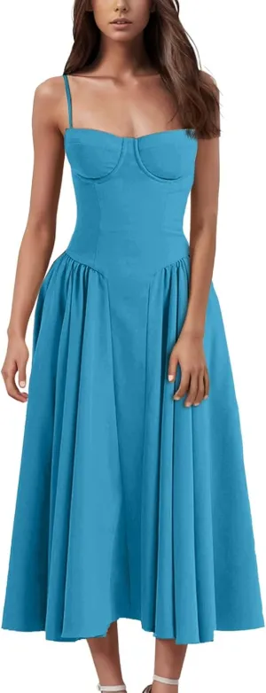 Womens Corset Dress Elegant Spaghetti Strap Bustier Midi Dresses Flowy Pleated Hem Low Cut Prom Skirts with Pockets