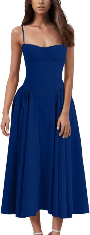 Womens Corset Dress Spaghetti Strap Bustier Midi Dress Pleated Hem Elegant Low Cut Prom Dresses with Pockets