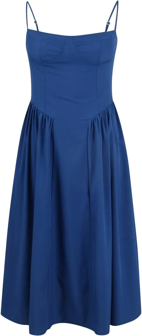 Womens Corset Dress Spaghetti Strap Bustier Midi Dress Pleated Hem Elegant Low Cut Prom Dresses with Pockets
