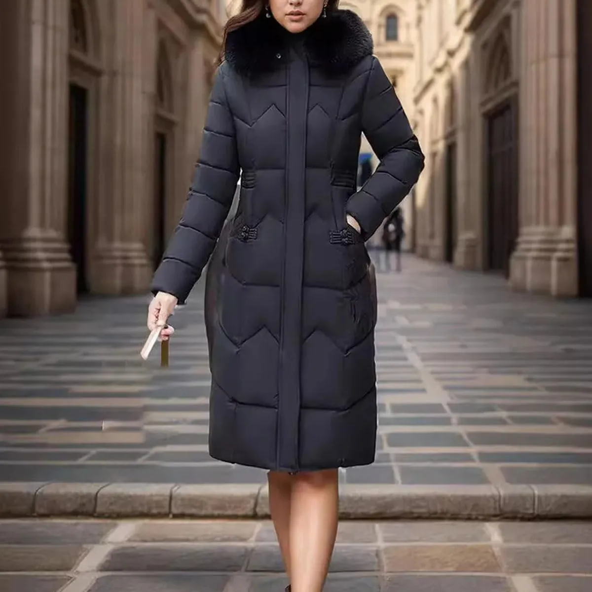 Women's Cotton Jacket Winter Long Thicken Fur Collor Parka Coats Hooded Slimming Padded Jacket