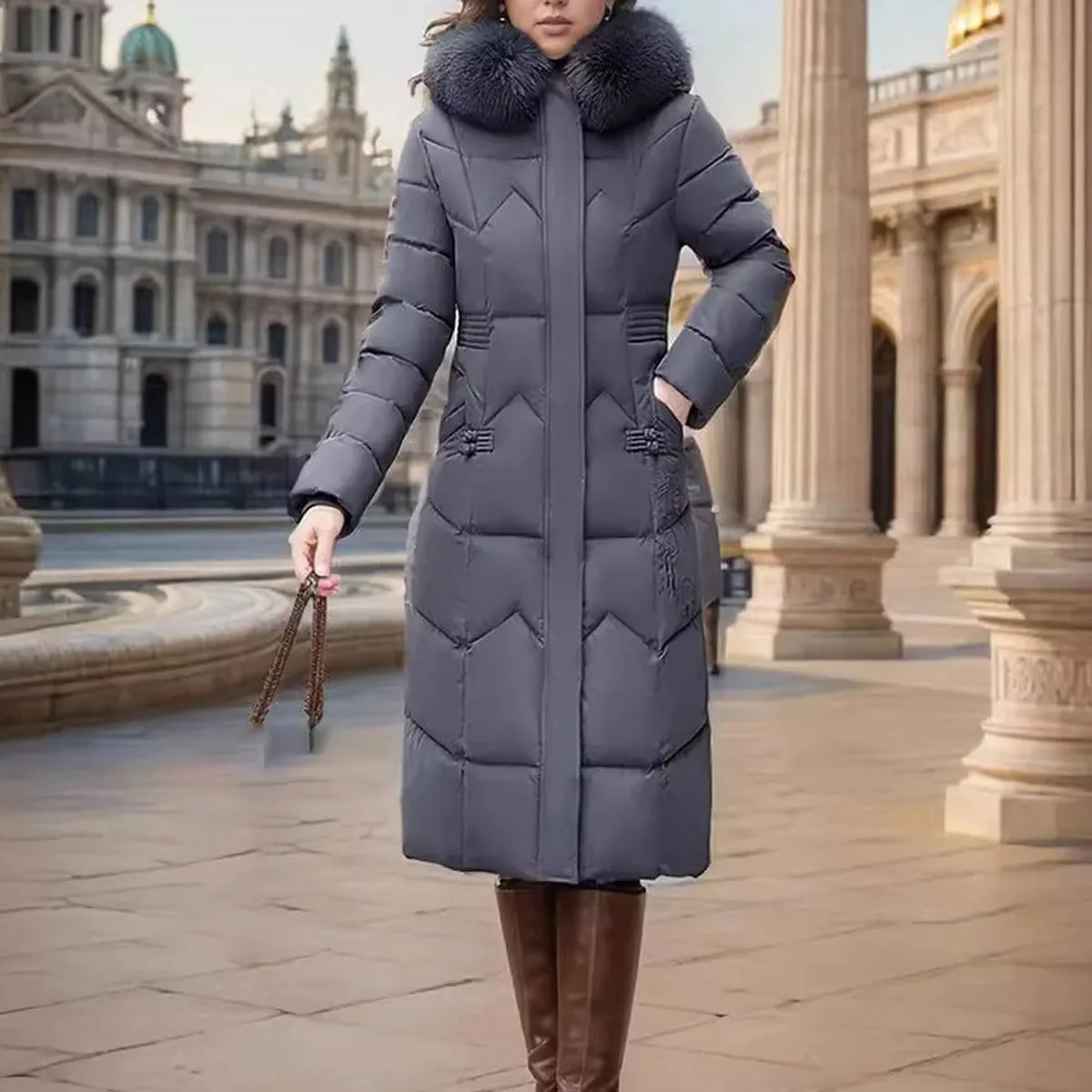 Women's Cotton Jacket Winter Long Thicken Fur Collor Parka Coats Hooded Slimming Padded Jacket