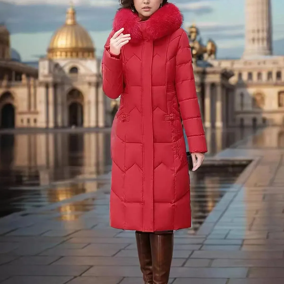 Women's Cotton Jacket Winter Long Thicken Fur Collor Parka Coats Hooded Slimming Padded Jacket
