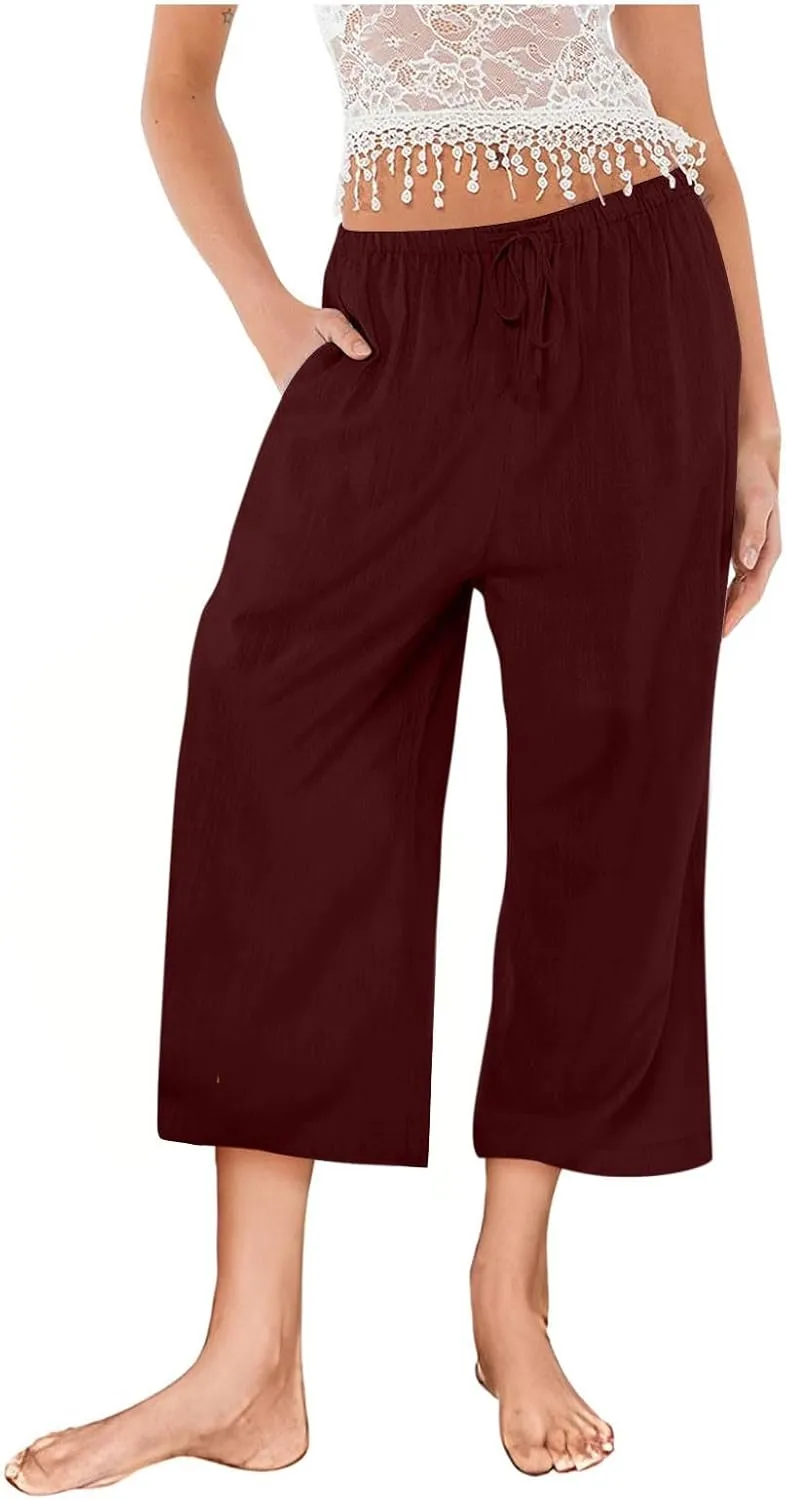 Womens Cotton Linen Casual Pants Elastic High Waisted Wide Leg Pants Drawstring Beach Boho Trousers Summer Outfits