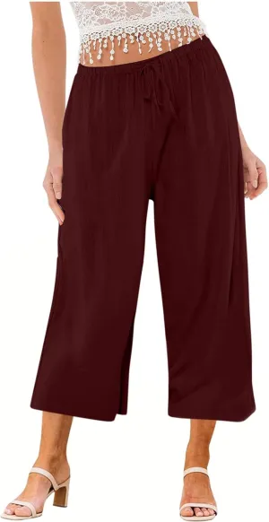 Womens Cotton Linen Casual Pants Elastic High Waisted Wide Leg Pants Drawstring Beach Boho Trousers Summer Outfits