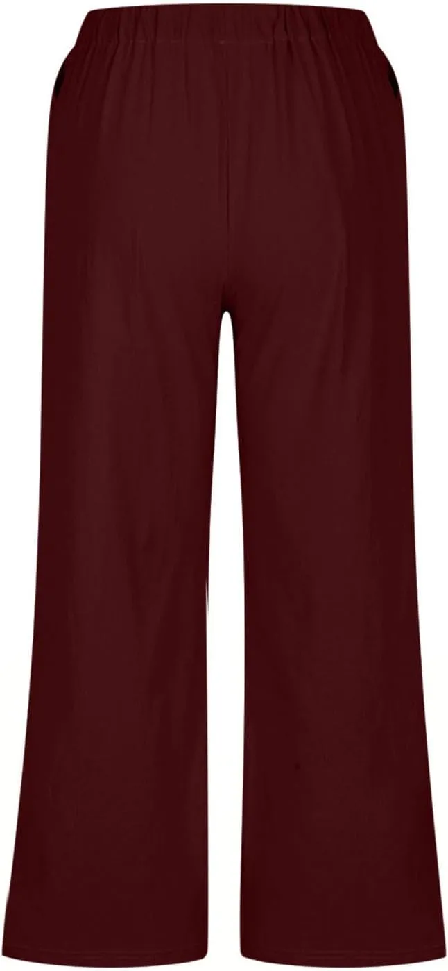 Womens Cotton Linen Casual Pants Elastic High Waisted Wide Leg Pants Drawstring Beach Boho Trousers Summer Outfits