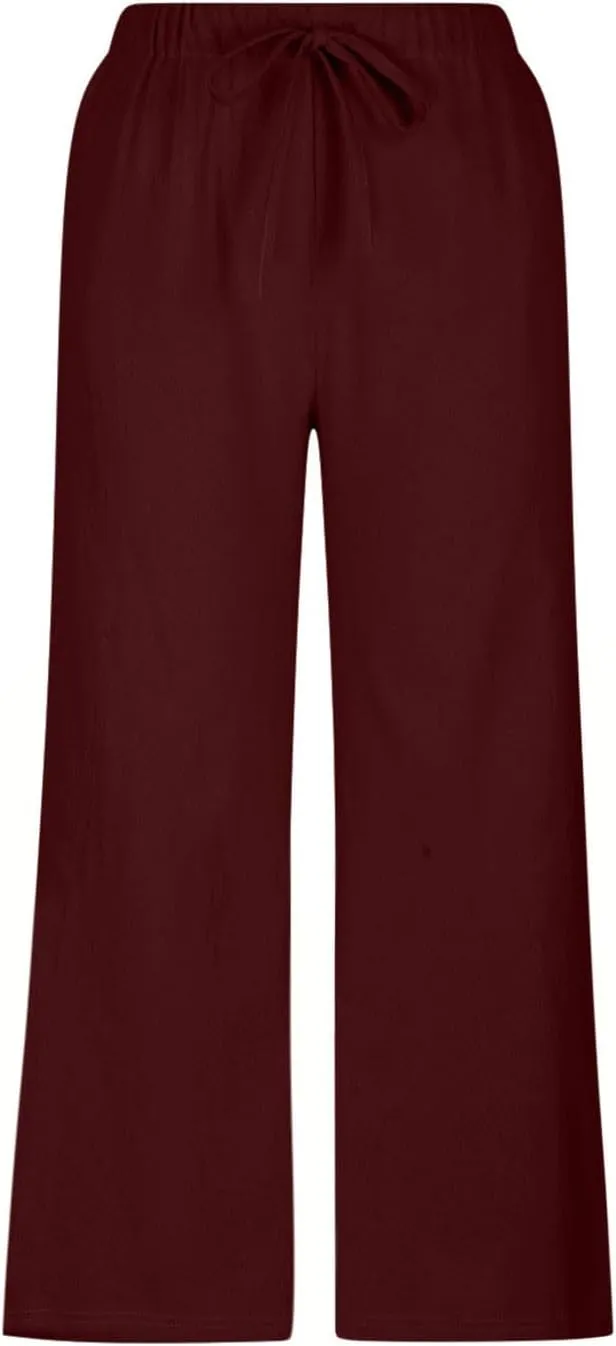 Womens Cotton Linen Casual Pants Elastic High Waisted Wide Leg Pants Drawstring Beach Boho Trousers Summer Outfits