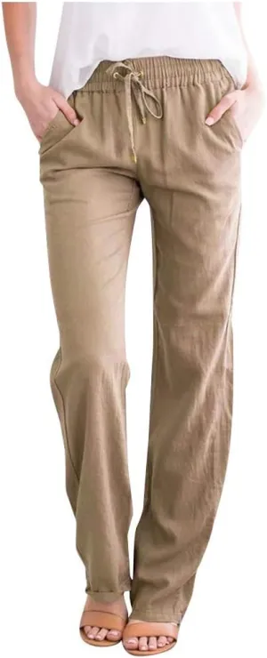 Women's Cotton Linen Drawstring High Waisted Pants Summer Palazzo Pants Casual Loose Fit Wide Leg Trousers with Pockets