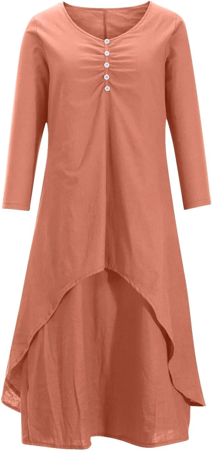 Women's Cotton Linen Dresses Irregular Hem Shirt Dress with Pockets Cotton Linen Dress Summer Midi Dresses