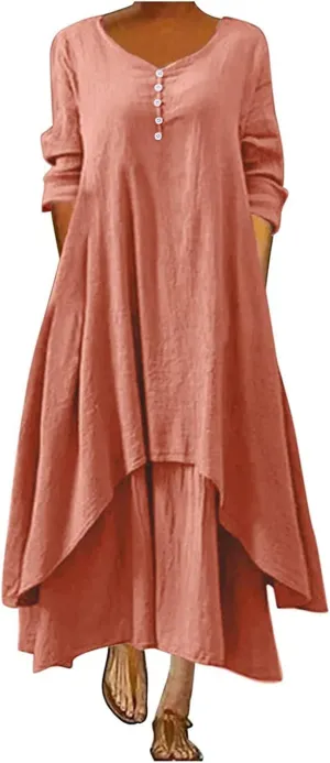 Women's Cotton Linen Dresses Irregular Hem Shirt Dress with Pockets Cotton Linen Dress Summer Midi Dresses