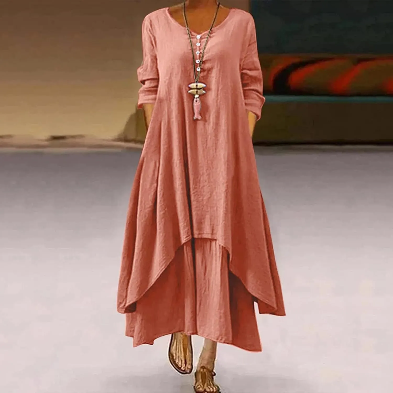 Women's Cotton Linen Dresses Irregular Hem Shirt Dress with Pockets Cotton Linen Dress Summer Midi Dresses