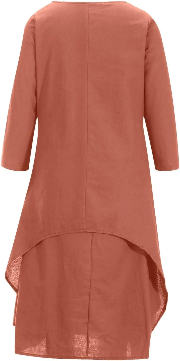 Women's Cotton Linen Dresses Irregular Hem Shirt Dress with Pockets Cotton Linen Dress Summer Midi Dresses
