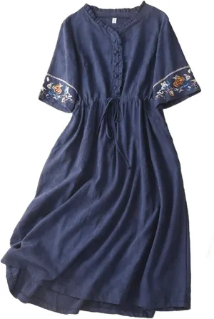 Women's Cotton Linen Dresses Summer Embroidered Sleeve A Line Comfy Cotton Maxi Dress Trendy Summer Vacation Clothes