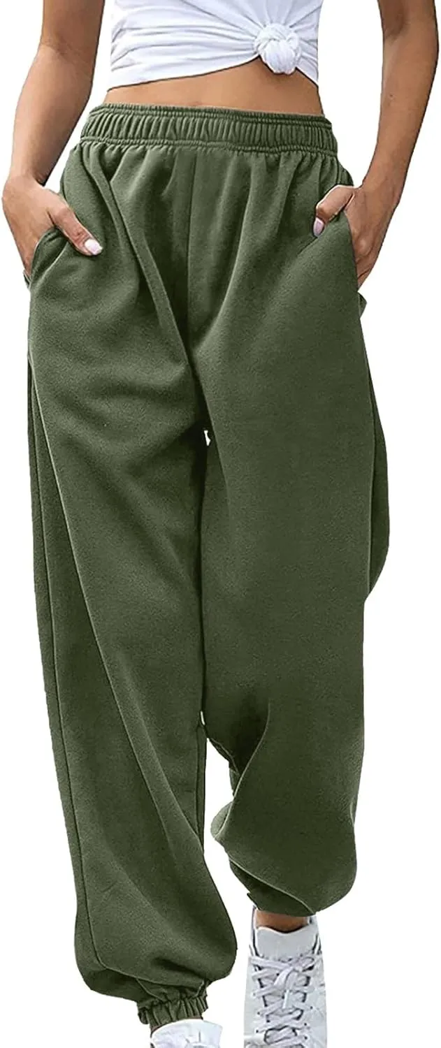 Womens Cotton Linen Jogger Pants Lightweight Elastic High Waist Trousers with Pockets Lounge Baggy Sweatpant for Yoga Gym