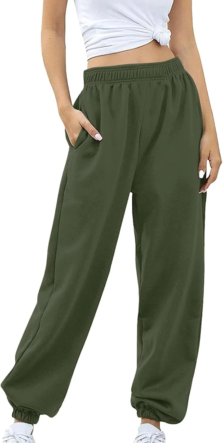 Womens Cotton Linen Jogger Pants Lightweight Elastic High Waist Trousers with Pockets Lounge Baggy Sweatpant for Yoga Gym