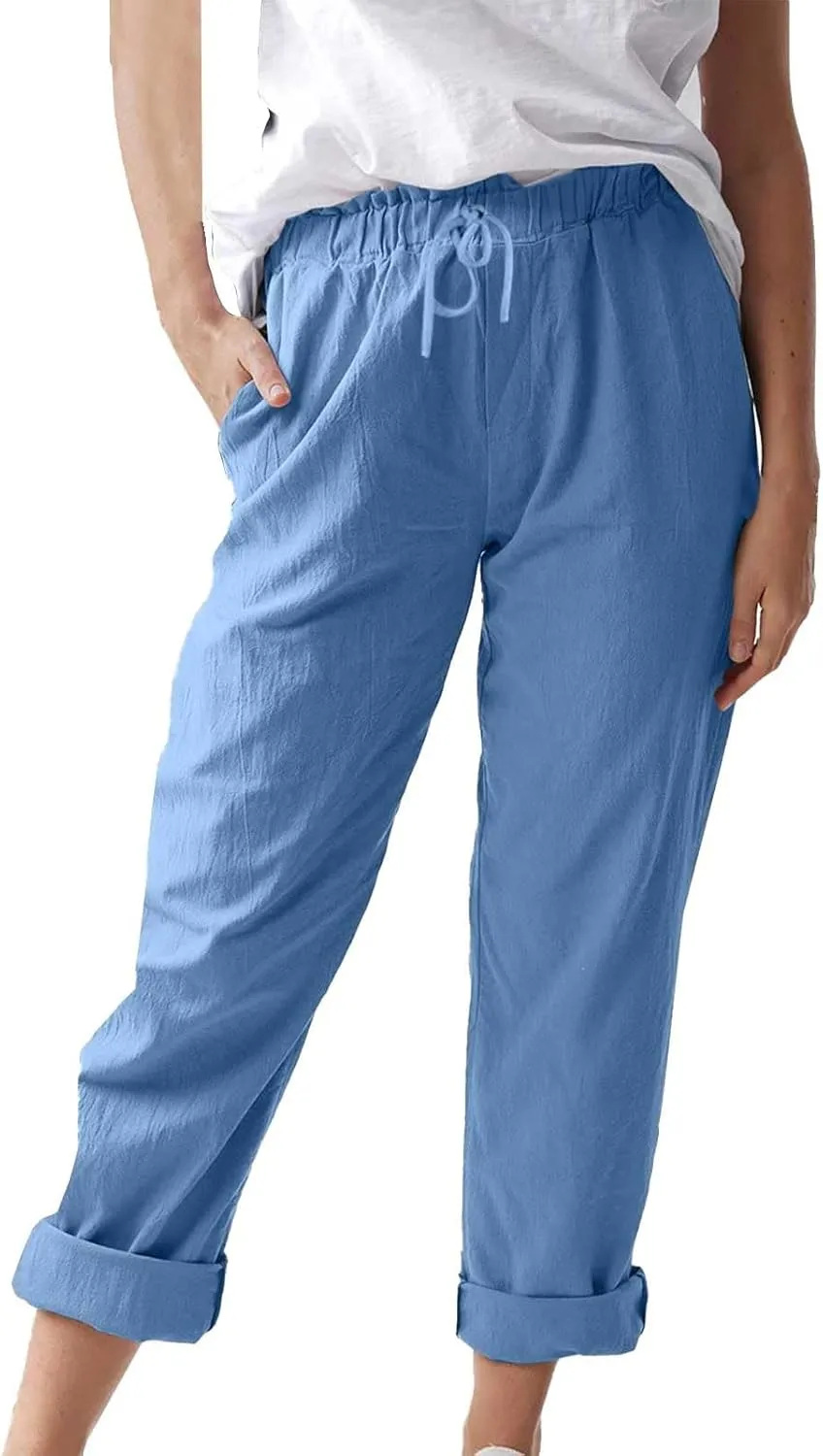 Women's Cotton Linen Micro Flared Pants Solid Summer Drawstring Wide Leg Pants Elastic Palazzo Trousers with Pockets