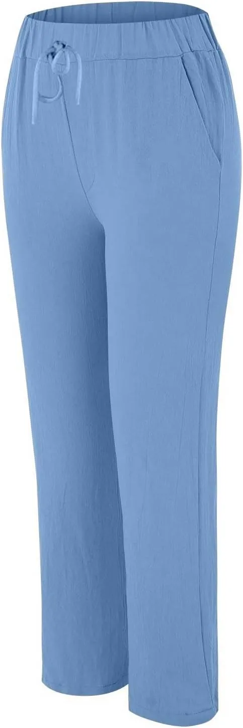 Women's Cotton Linen Micro Flared Pants Solid Summer Drawstring Wide Leg Pants Elastic Palazzo Trousers with Pockets