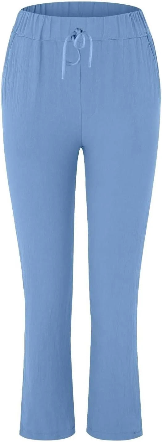 Women's Cotton Linen Micro Flared Pants Solid Summer Drawstring Wide Leg Pants Elastic Palazzo Trousers with Pockets