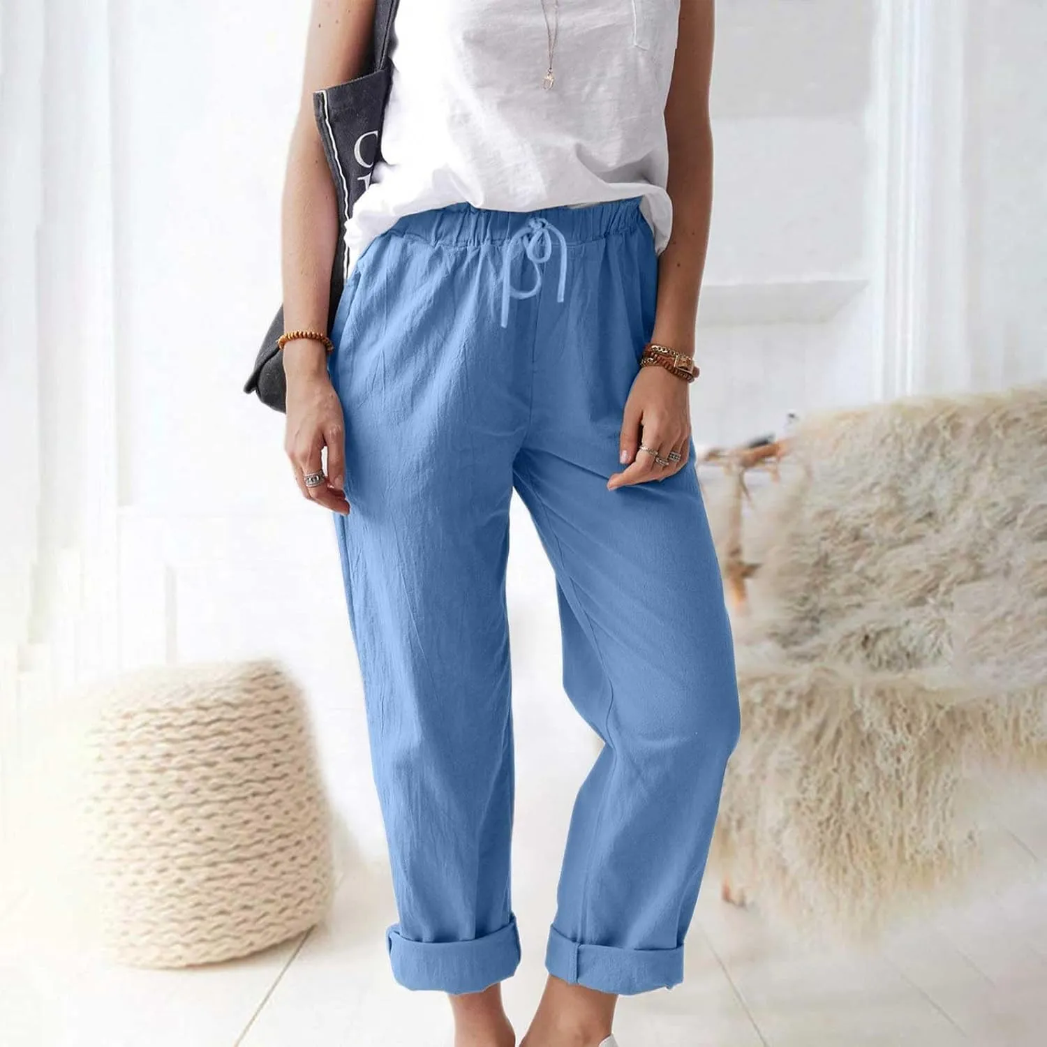 Women's Cotton Linen Micro Flared Pants Solid Summer Drawstring Wide Leg Pants Elastic Palazzo Trousers with Pockets