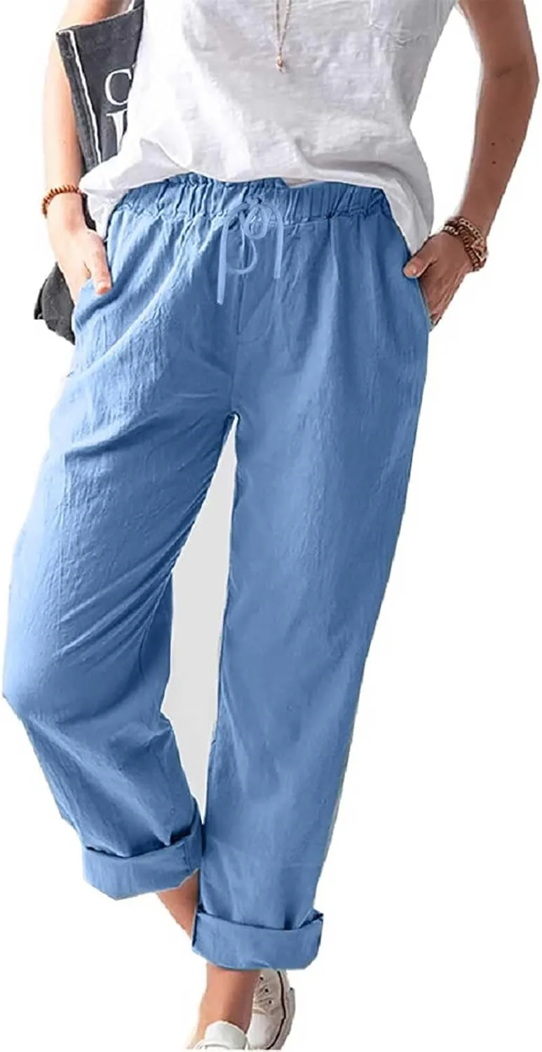 Women's Cotton Linen Micro Flared Pants Solid Summer Drawstring Wide Leg Pants Elastic Palazzo Trousers with Pockets