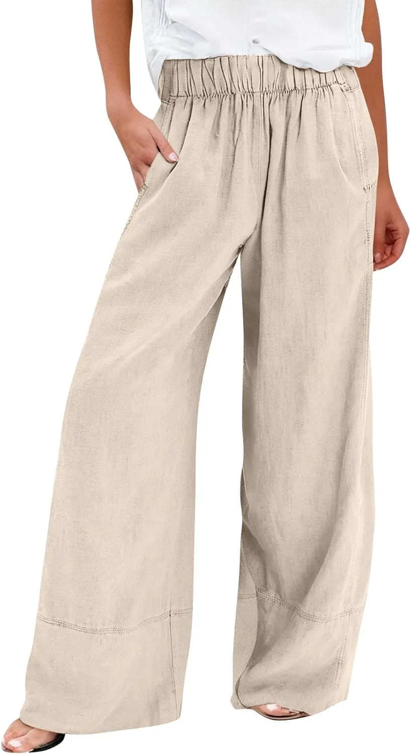 Women's Cotton Linen Palazzo Pants Summer Baggy Casual Wide Leg Pants High Waisted Flowy Lounge Trousers with Pockets