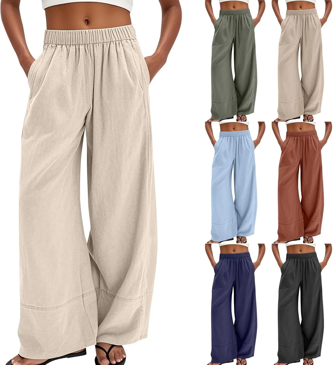 Women's Cotton Linen Palazzo Pants Summer Baggy Casual Wide Leg Pants High Waisted Flowy Lounge Trousers with Pockets