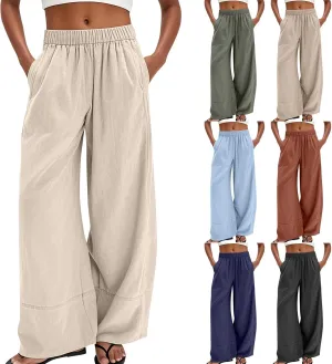 Women's Cotton Linen Palazzo Pants Summer Baggy Casual Wide Leg Pants High Waisted Flowy Lounge Trousers with Pockets