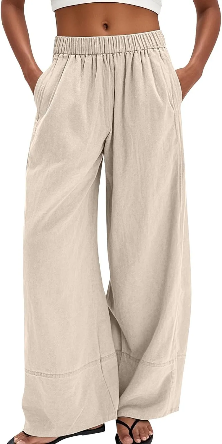 Women's Cotton Linen Palazzo Pants Summer Baggy Casual Wide Leg Pants High Waisted Flowy Lounge Trousers with Pockets