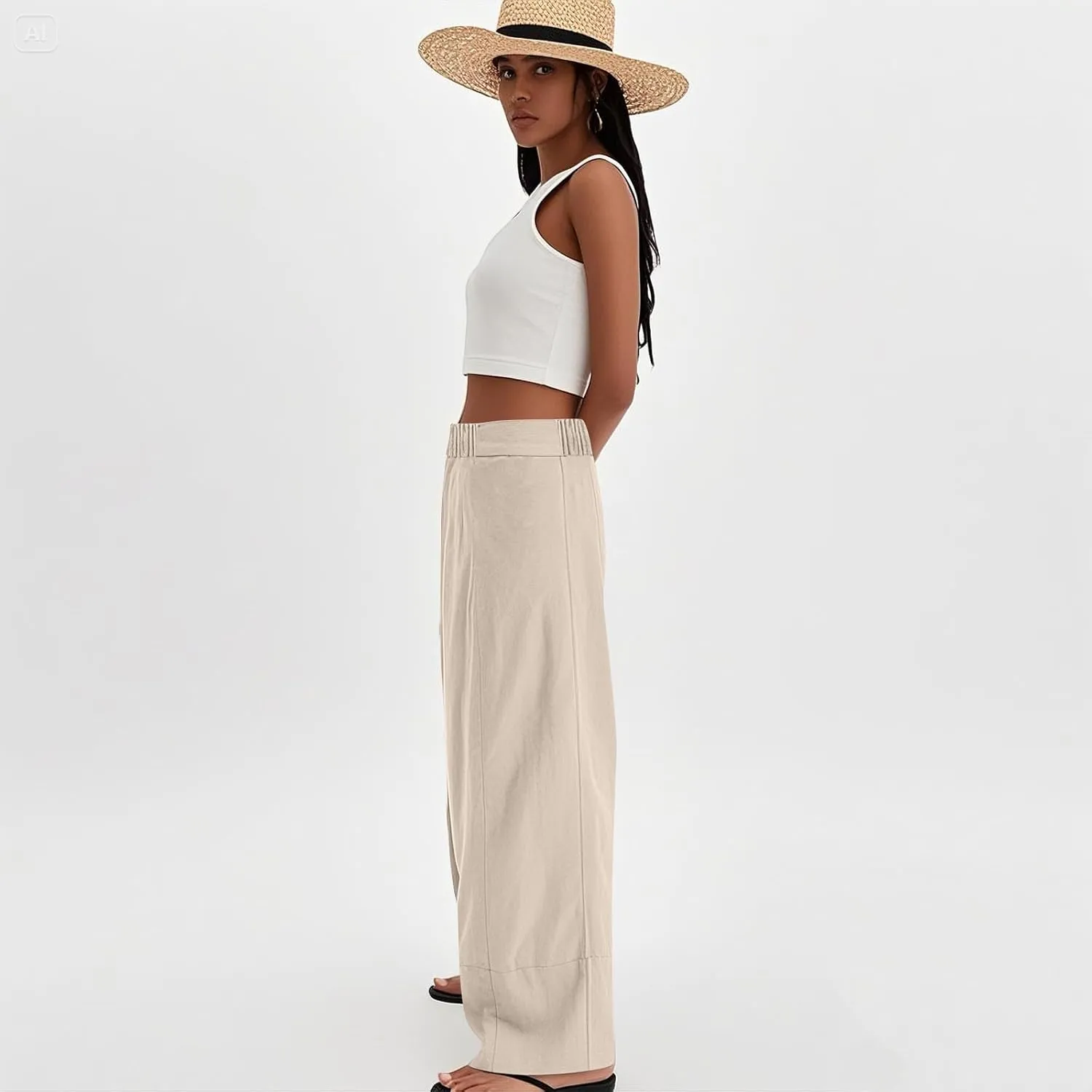 Women's Cotton Linen Palazzo Pants Summer Baggy Casual Wide Leg Pants High Waisted Flowy Lounge Trousers with Pockets