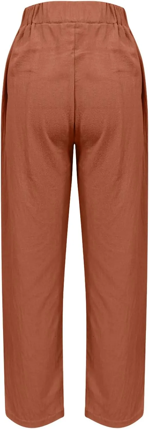 Womens Cotton Linen Pants Casual Elastic High Waist Straight Leg Pants Summer Loose Fit Trouser with Pockets