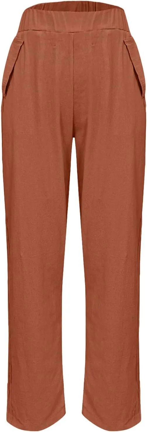 Womens Cotton Linen Pants Casual Elastic High Waist Straight Leg Pants Summer Loose Fit Trouser with Pockets