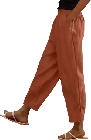 Womens Cotton Linen Pants Casual Elastic High Waist Straight Leg Pants Summer Loose Fit Trouser with Pockets