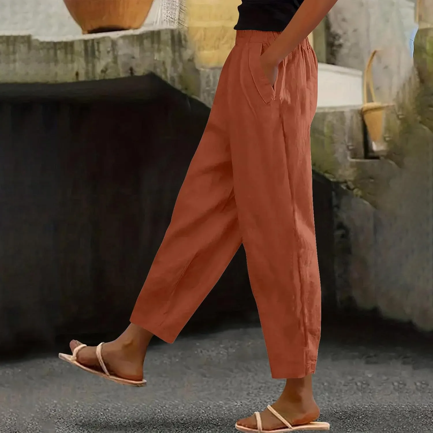Womens Cotton Linen Pants Casual Elastic High Waist Straight Leg Pants Summer Loose Fit Trouser with Pockets
