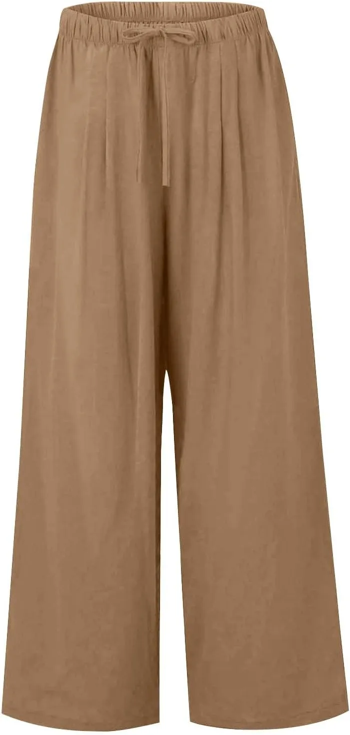Womens Cotton Linen Pants Summer Palazzo Pants Flowy Wide Leg Beach Trousers with Pockets