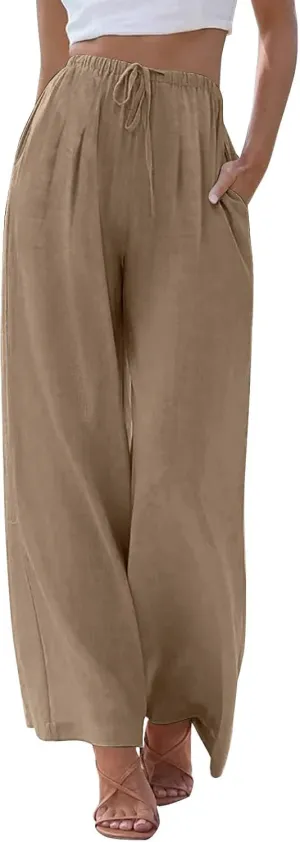 Womens Cotton Linen Pants Summer Palazzo Pants Flowy Wide Leg Beach Trousers with Pockets