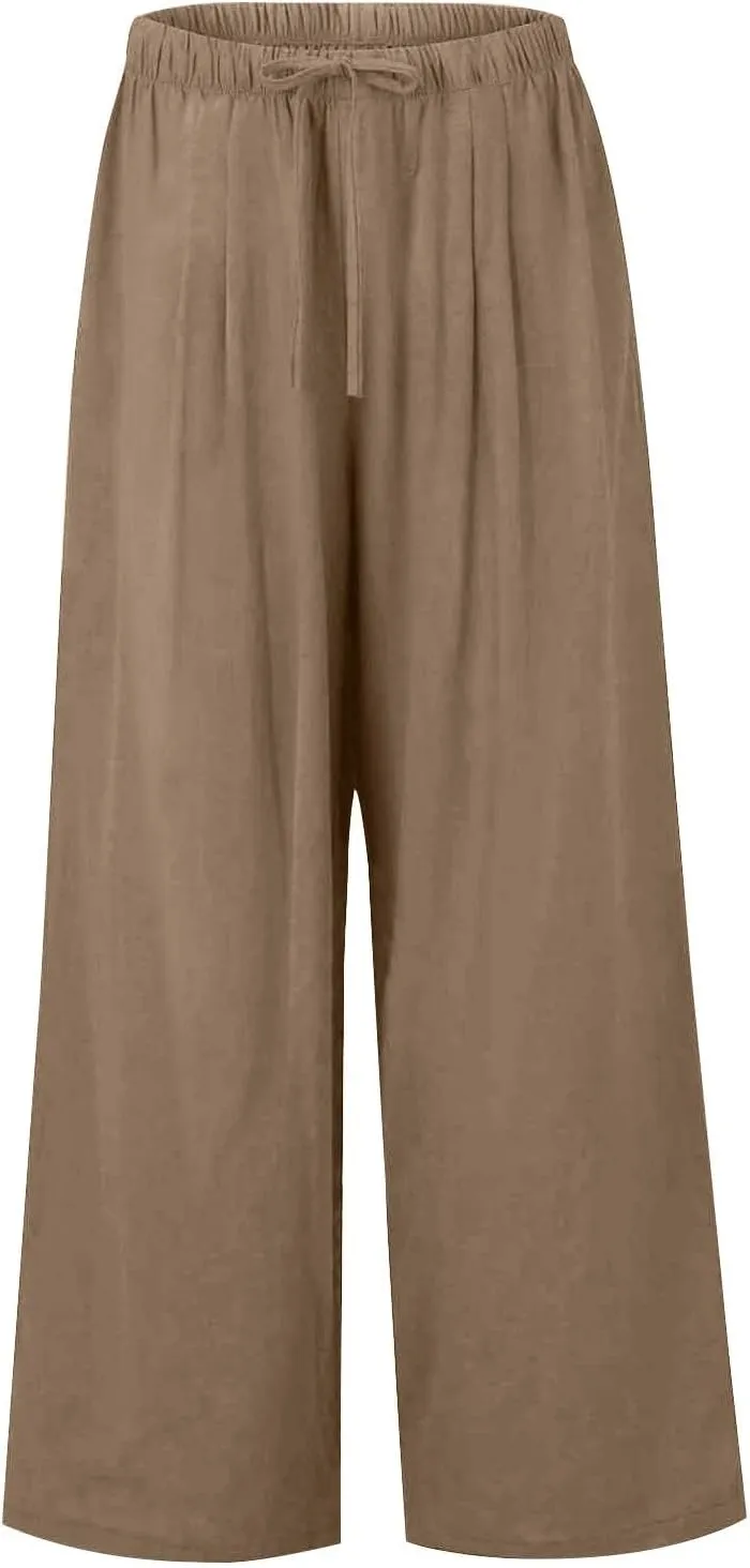 Womens Cotton Linen Pants Summer Palazzo Pants Flowy Wide Leg Beach Trousers with Pockets