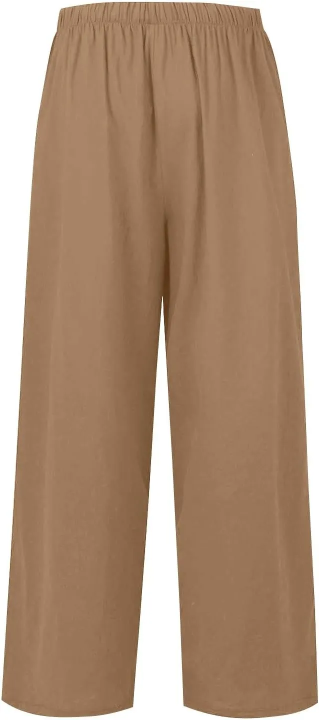 Womens Cotton Linen Pants Summer Palazzo Pants Flowy Wide Leg Beach Trousers with Pockets