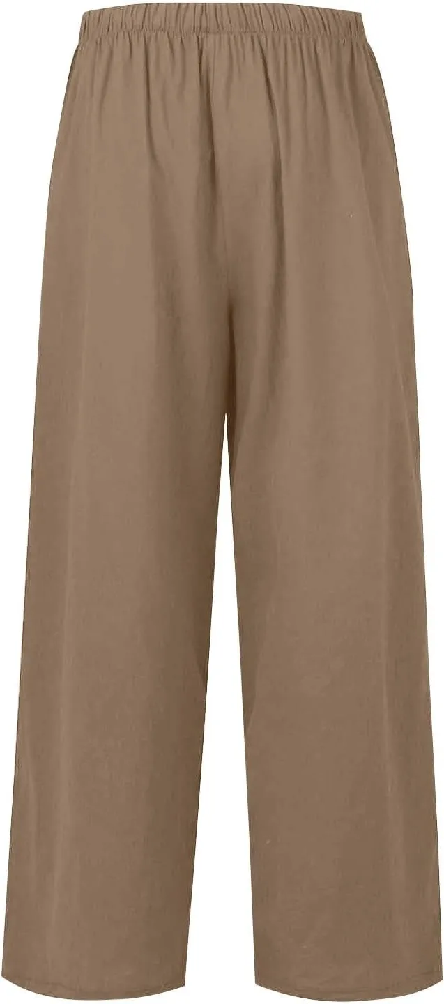Womens Cotton Linen Pants Summer Palazzo Pants Flowy Wide Leg Beach Trousers with Pockets