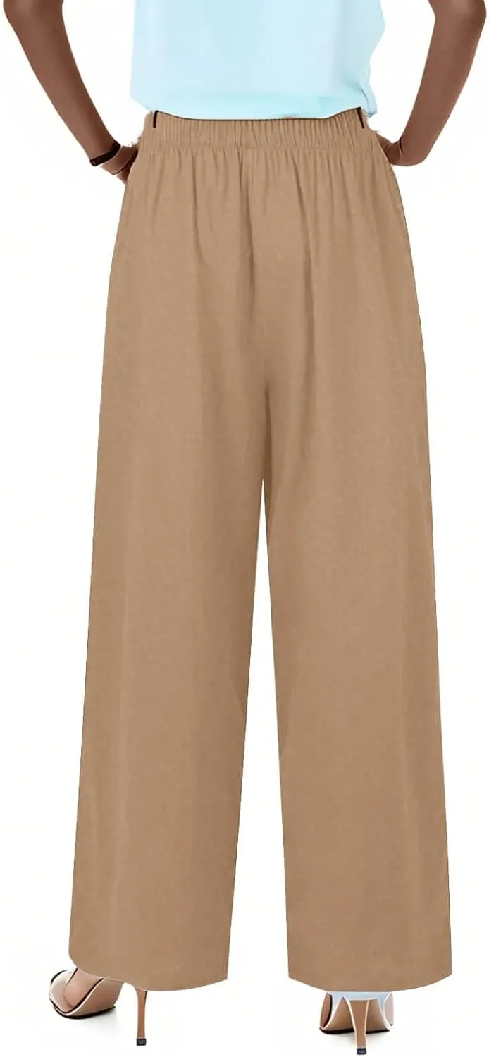 Womens Cotton Linen Pants Summer Palazzo Pants Flowy Wide Leg Beach Trousers with Pockets