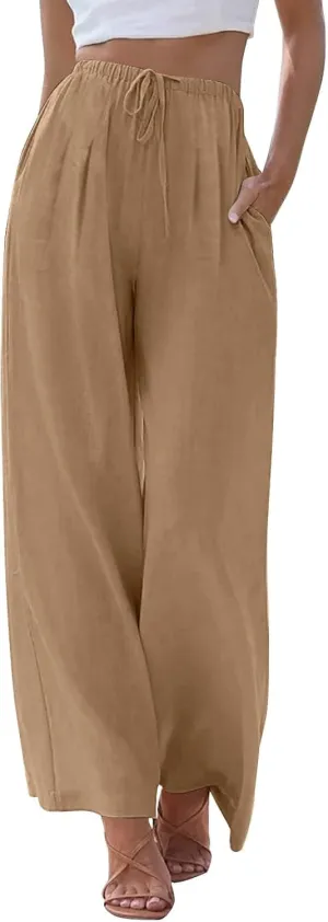 Womens Cotton Linen Pants Summer Palazzo Pants Flowy Wide Leg Beach Trousers with Pockets