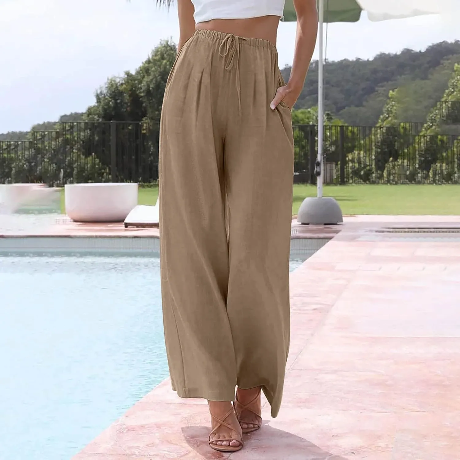 Womens Cotton Linen Pants Summer Palazzo Pants Flowy Wide Leg Beach Trousers with Pockets