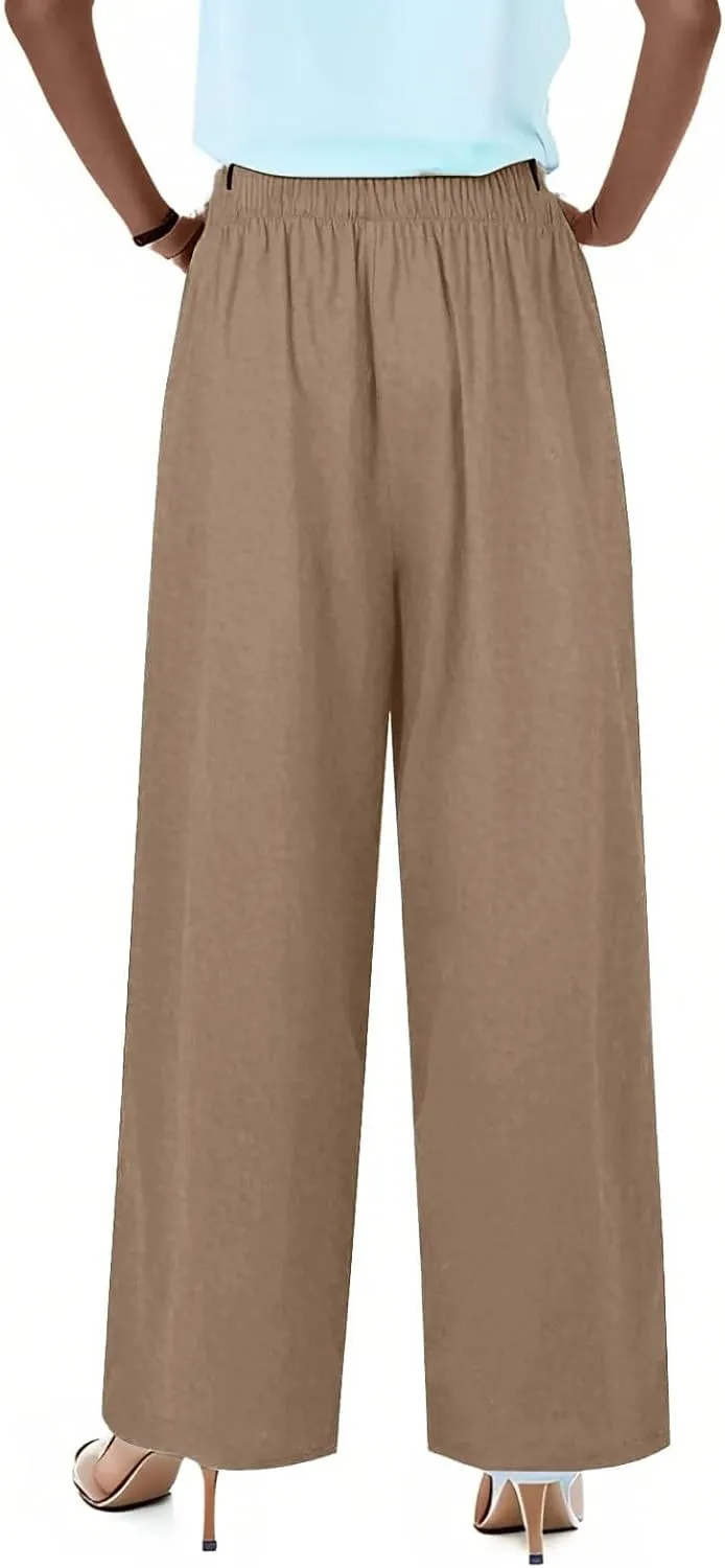 Womens Cotton Linen Pants Summer Palazzo Pants Flowy Wide Leg Beach Trousers with Pockets