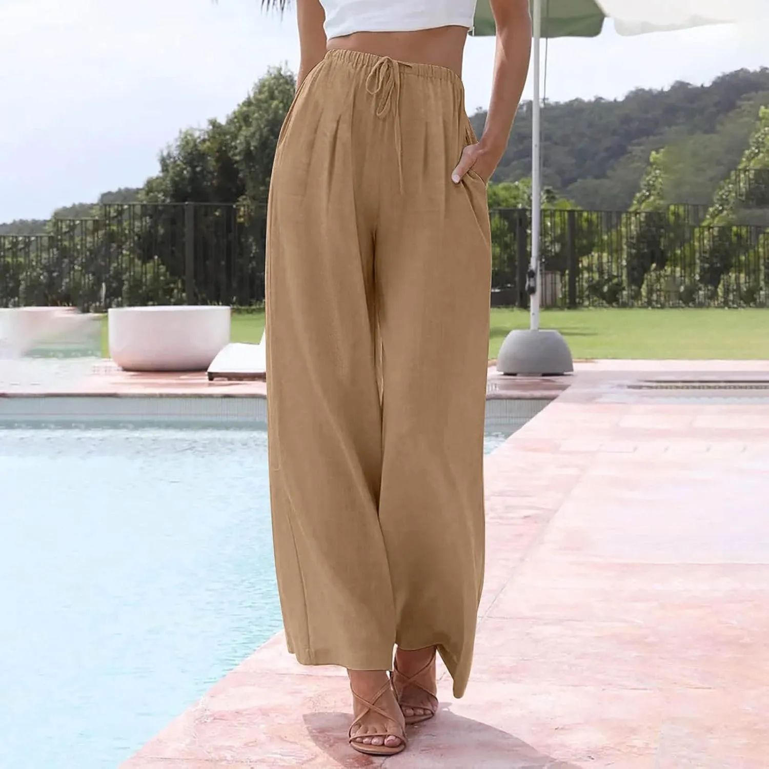 Womens Cotton Linen Pants Summer Palazzo Pants Flowy Wide Leg Beach Trousers with Pockets
