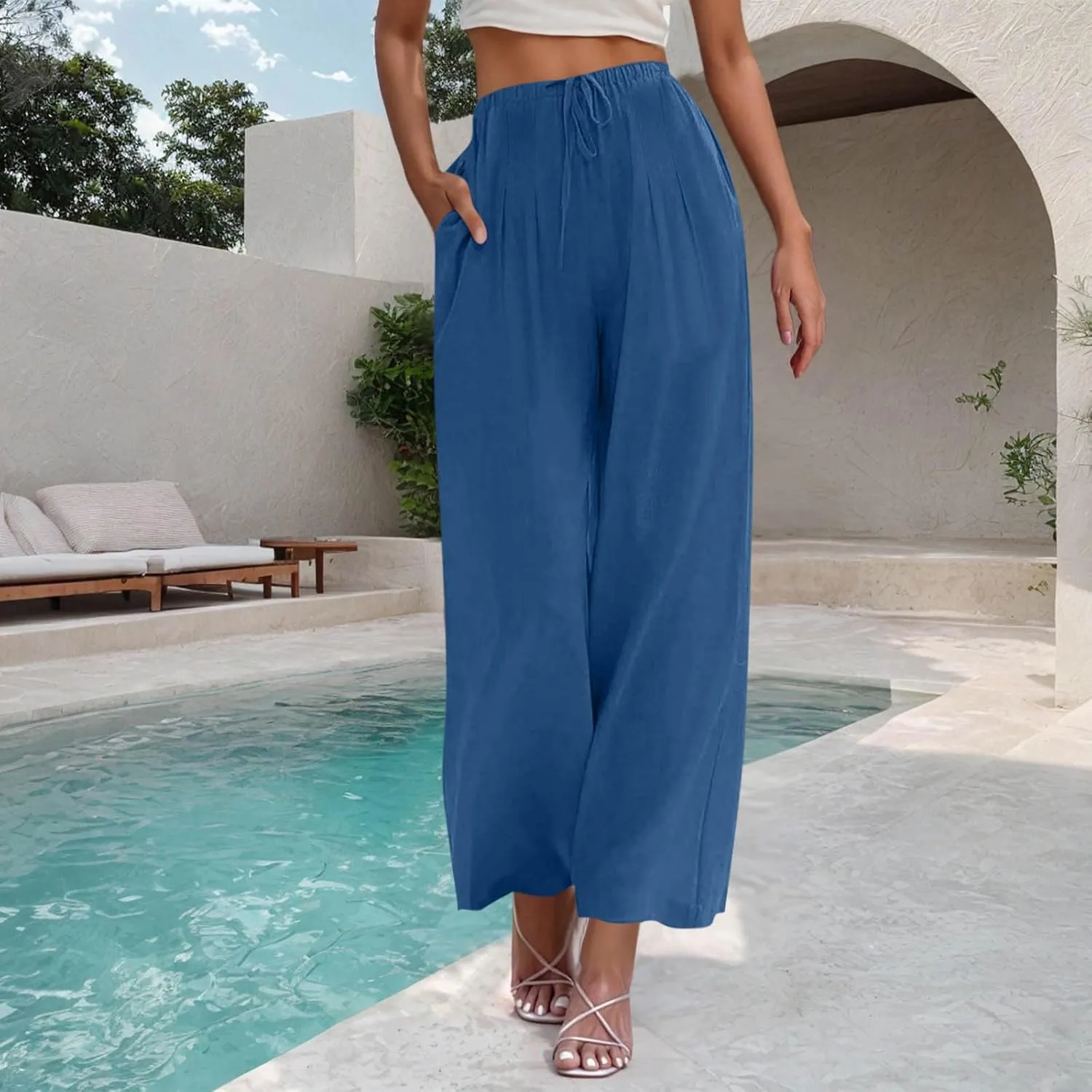 Women's Cotton Linen Summer Palazzo Pants Drawstring Elastic Waist Causal Flowy Wide Leg Beach Trousers with Pockets