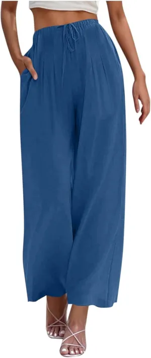 Women's Cotton Linen Summer Palazzo Pants Drawstring Elastic Waist Causal Flowy Wide Leg Beach Trousers with Pockets