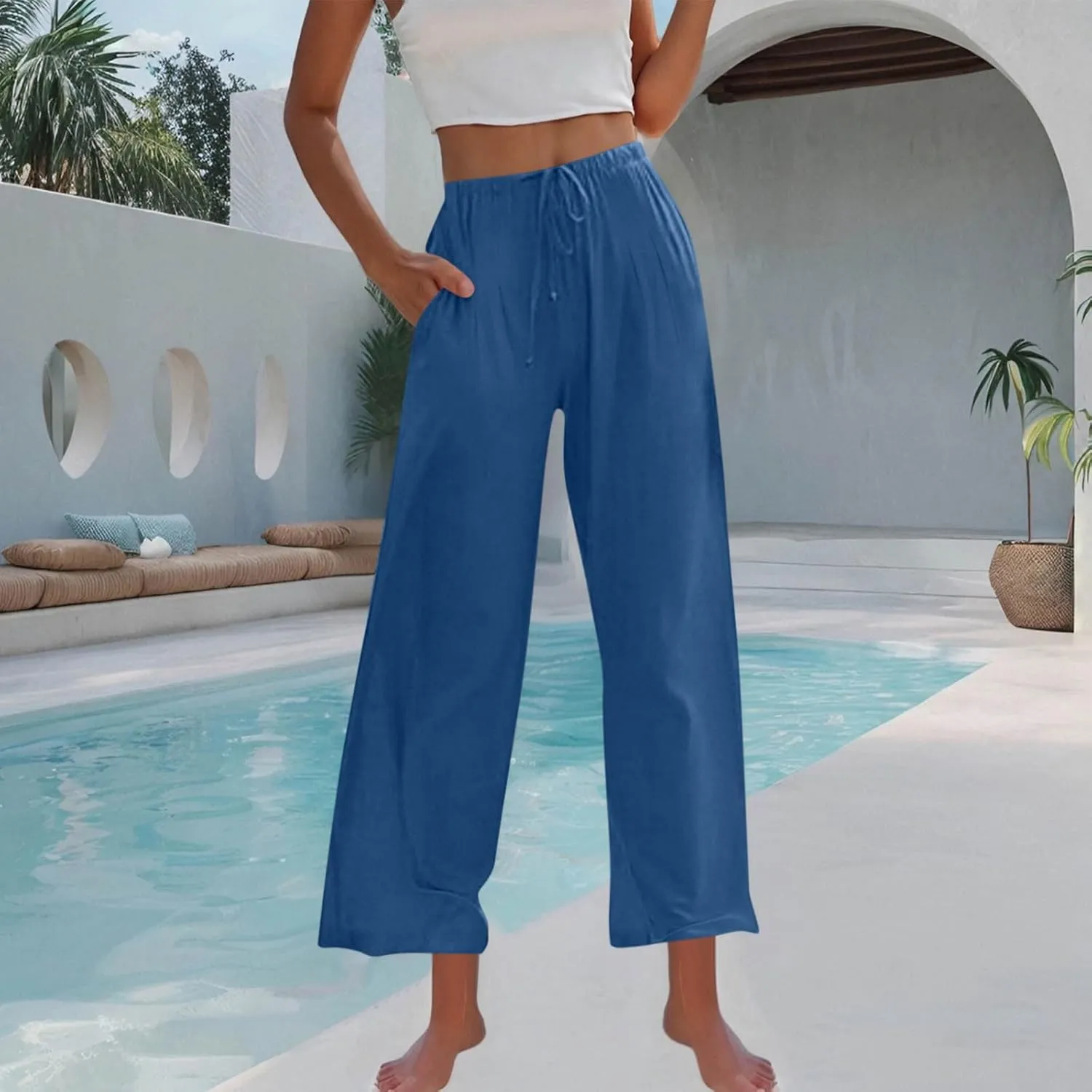 Women's Cotton Linen Summer Palazzo Pants Drawstring Elastic Waist Causal Flowy Wide Leg Beach Trousers with Pockets