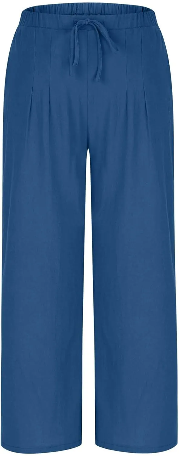 Women's Cotton Linen Summer Palazzo Pants Drawstring Elastic Waist Causal Flowy Wide Leg Beach Trousers with Pockets