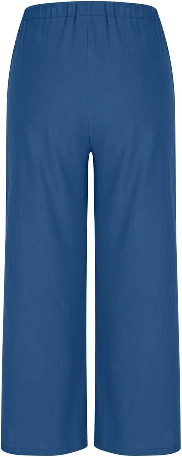 Women's Cotton Linen Summer Palazzo Pants Drawstring Elastic Waist Causal Flowy Wide Leg Beach Trousers with Pockets