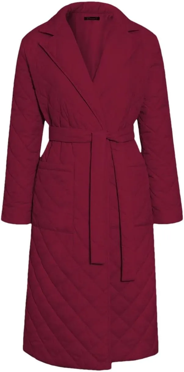 Women's Cotton-Padded Coat Lapel Loose Quilting Sashes Long Sleeve Pockets Parka Jackets red S