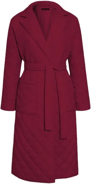 Women's Cotton-Padded Coat Lapel Loose Quilting Sashes Long Sleeve Pockets Parka Jackets red S